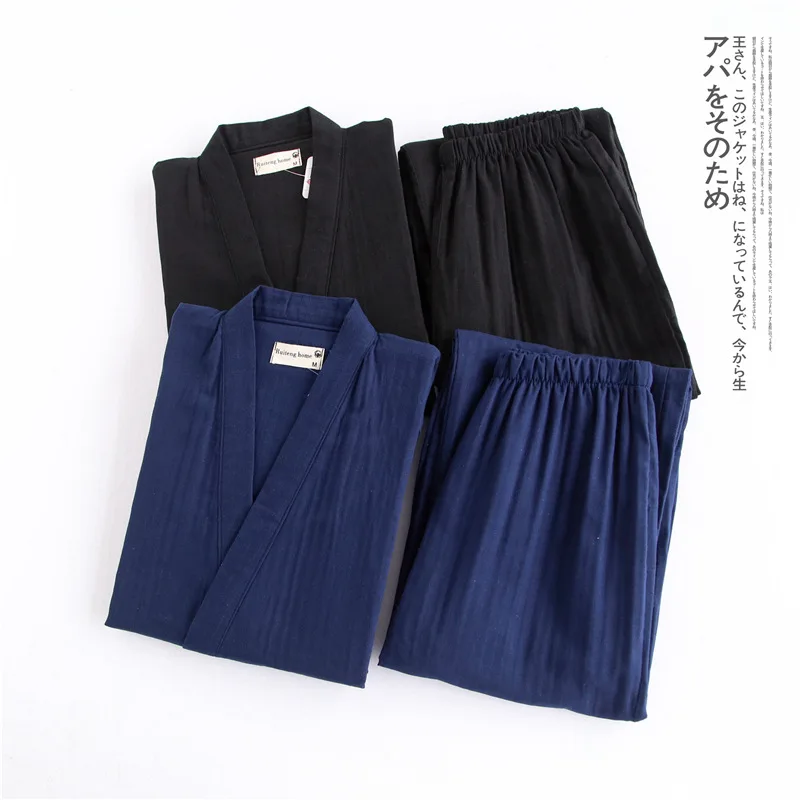 simple kimono robes men 100% cotton pajamas sets men double gauze wrinkly cotton sauna pyjamas robes SPA bathrobes male