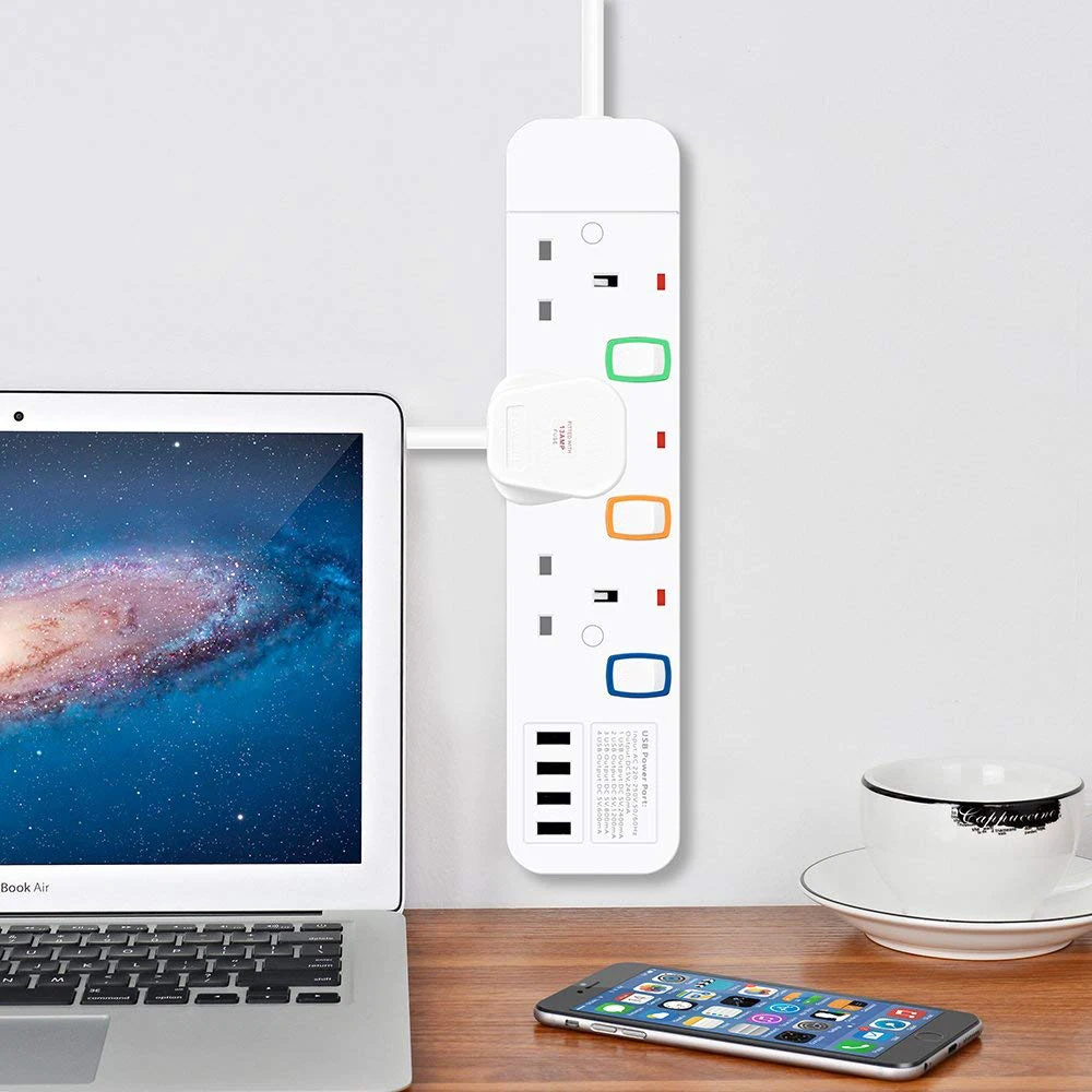 Удлинитель на 3/4/5/6 розеток переменного тока 4 USB порта макс. 3250 А медный удлинитель
