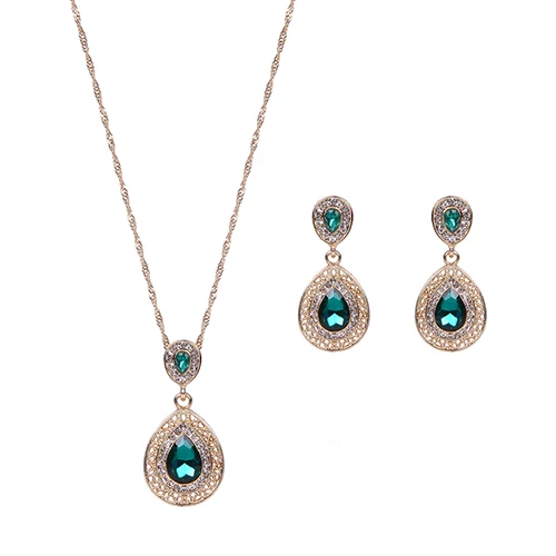 

Women Fashion Luxury Waterdrop Green Rhinestone Pendant Necklace Earrings Jewelry Set