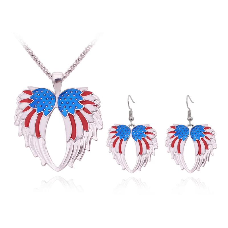 

Turkish Enamel Angle Wings Jewelry Set For Women Vintage US Flag Wings Necklace And Earring Set Jewelry Accessories
