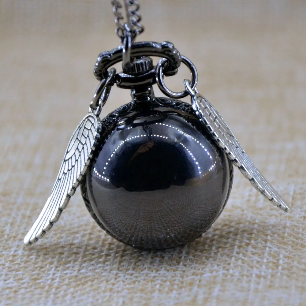 Vintage Black Smooth Harry Potter Ball Silver Wings Quartz Pocket Watch Analog Pendant Necklace Mens Womens Watch Gifts Chain