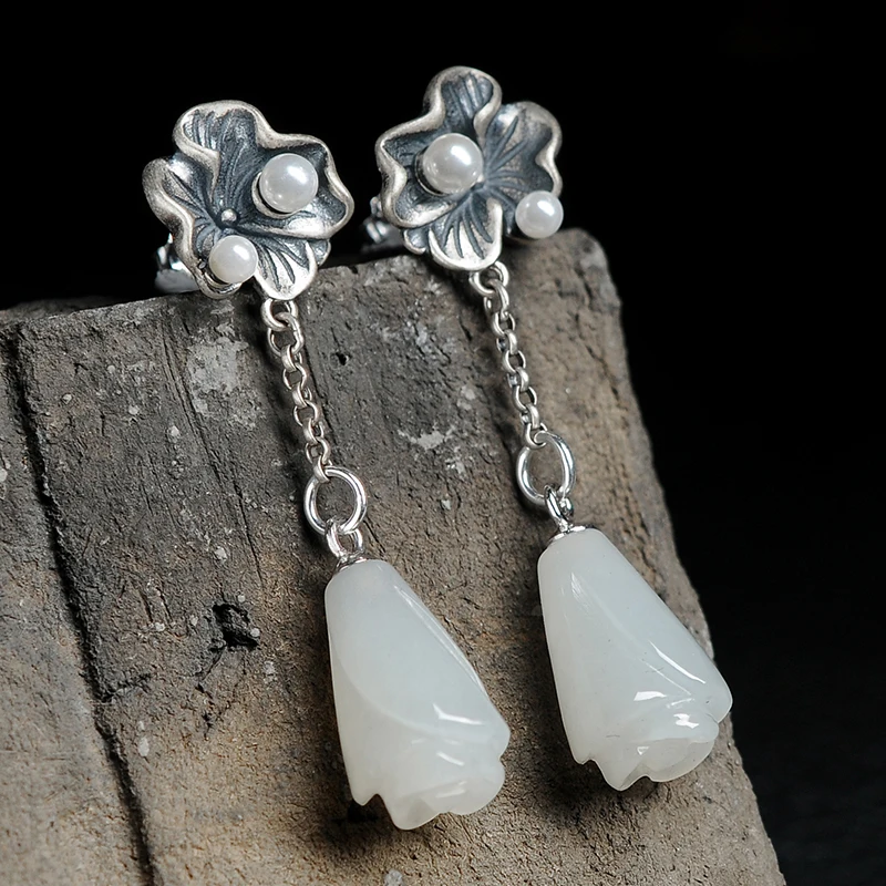 

2019 new 925 silver inlaid white magnolia earrings authentic natural jade white run earrings women with certificate