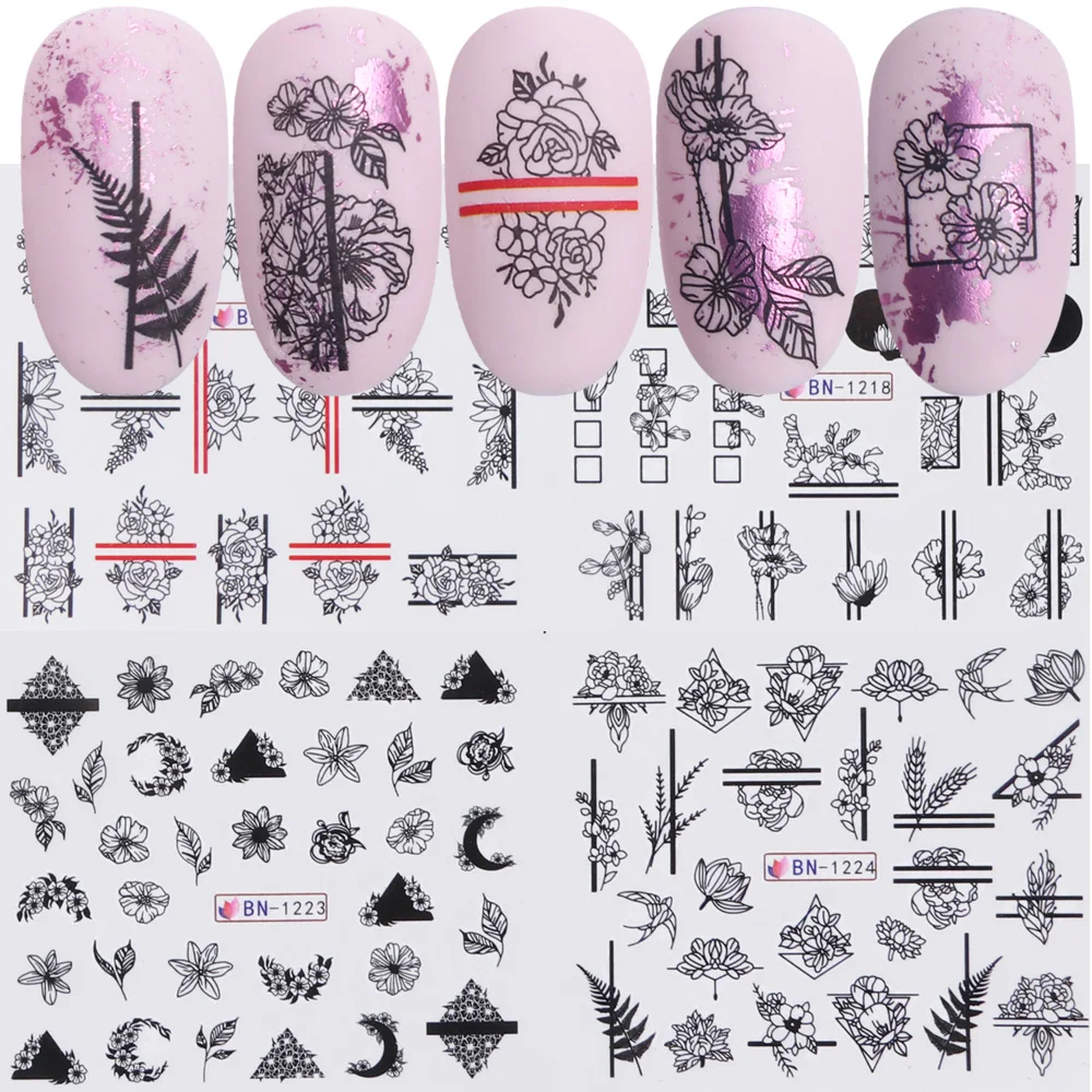 1pcs Nail Stickers Black Line Sexy Girl Slider Writing Letter Tattoo Nail Art Water Transfer Decals Manicure Decor TRBN1237-1248