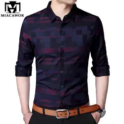 Miacawor оригинальная Мужская рубашка модная клетчатая рубашка Slim Fit Camisa Social Masculina рубашка с длинными рукавами Мужская одежда C409