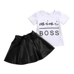 Комплект одежды из 2 предметов для маленьких девочек, летняя мини-футболка с короткими рукавами и принтом «Босс» Топы + кожаная юбка Детский