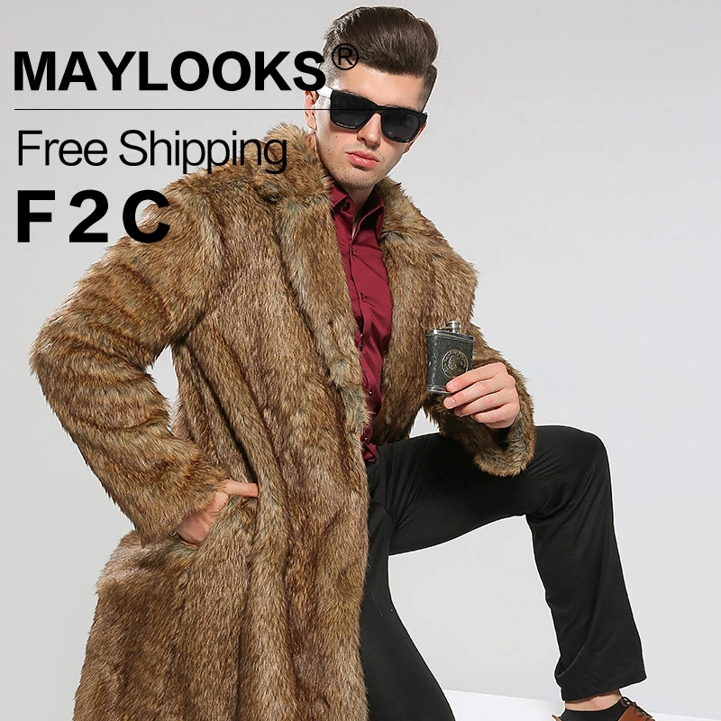 Men's Faux Fur Long Coat Brown/black Warm And Comfortable Winter New Brand Maylooks Hn128