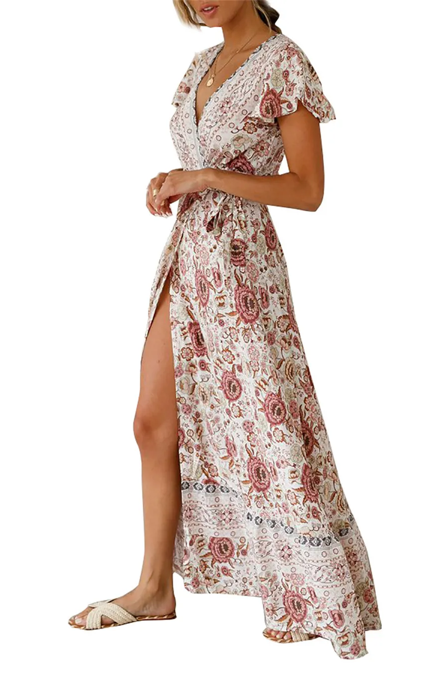 Gladiolus Bohemian Women Summer Dress Short Sleeve V Neck Floral Print Belt Tunic Split Sexy Beach Dresses Women 2019 Maxi Dress (43)