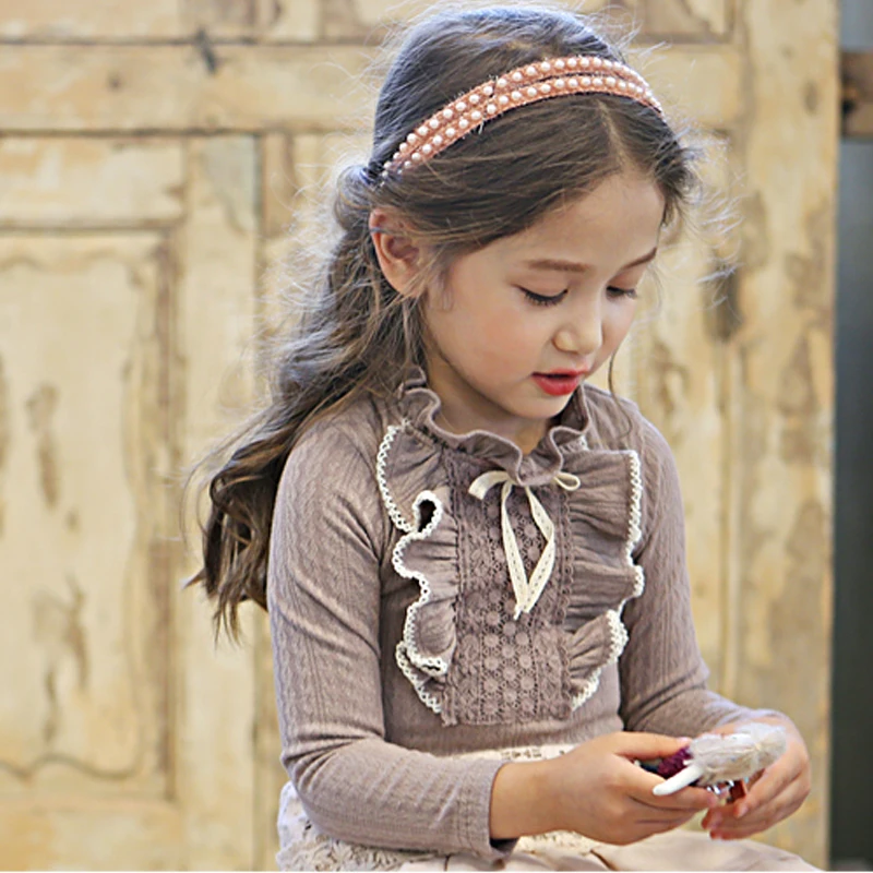 Girl Lace Shirt Autumn Spring Long Sleeved Gray/White Cotton Shirt Wedding Party Prom