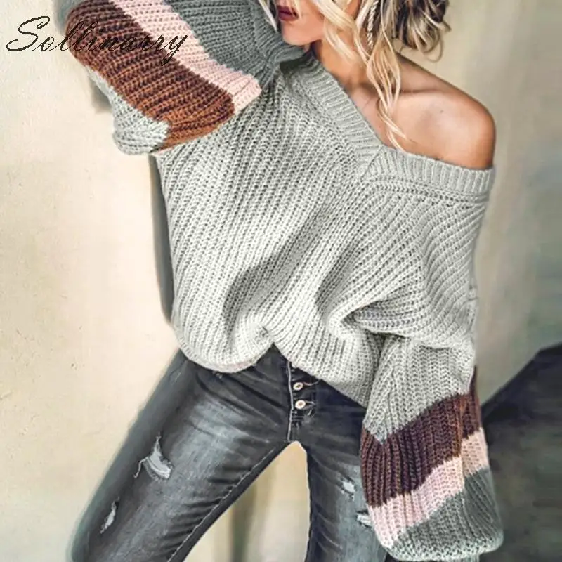 

Sollinarry Knitted Winter Pullover Women Lantern Sleeve Autumn Casual Sweater Pullover Female Patchwork Jumper Mujer Plus Size