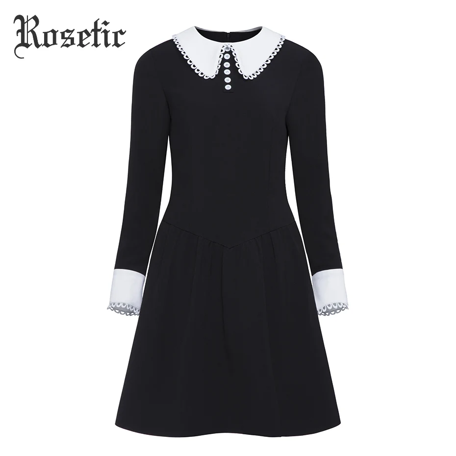Comprar Rosetic vestido Vintage mujer negro otoño Patchwork A line vestido Delgado cuello Peter Pan mujer Oficina Preppy moda gótica vestidos