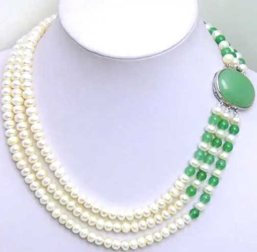 

6-7mm White natural freshwater flat Pearl 3 Strands neckalce with Big Green Clasp-5196