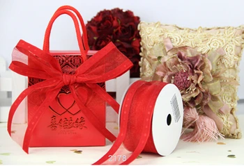 

Free Shipping 25yards roll gift box packaging wired red dot satin edges organza sheer ribbon