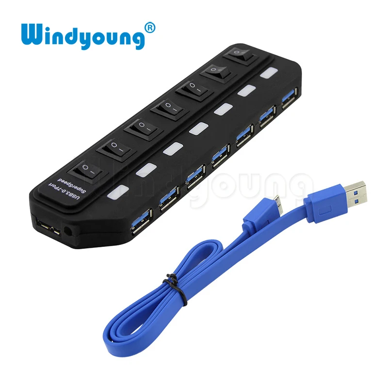 Windyoung USB3.0 концентратор 7 портов с зарядкой питания и переключателем несколько USB адаптер питания светодиодный Переключатель ВКЛ/ВЫКЛ разветвитель для ПК ноутбука