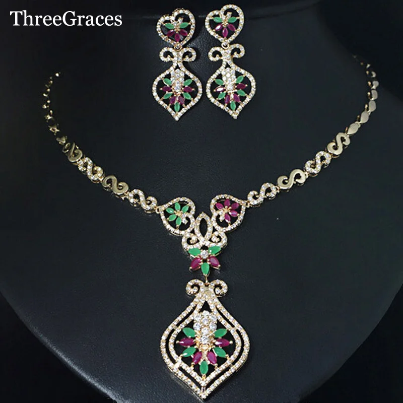 

ThreeGraces Jewelry Vintage Gold Color Jewelry Green And Red CZ Crystal Stones Evening Necklace And Earring Sets For Women JS109