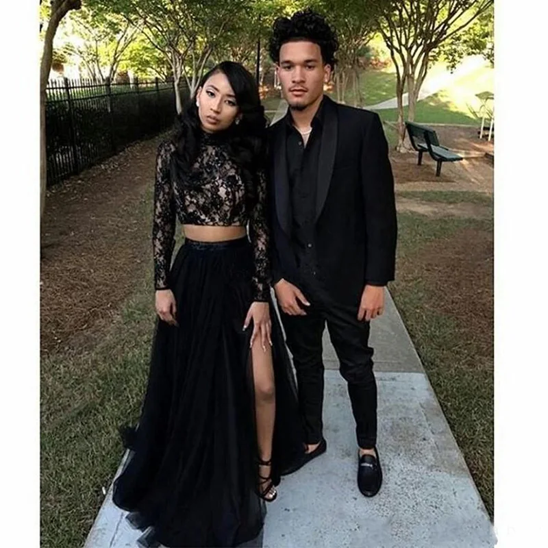 

Verngo Black Two Pieces Prom Dress 2019 Lace Long Sleeve Slit side Crop Top High Quality Dubai Arabic Party Gowns