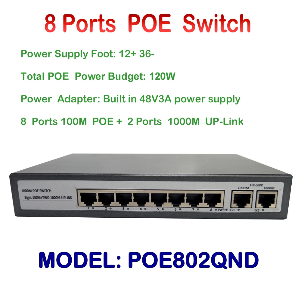 

8CH POE Switch Power Over Ethernet 9 Ports Network Switch 10/100Mbps IEEE802.3af With 2 Gigabit Uplink 48VDC for CCTV IP Camera