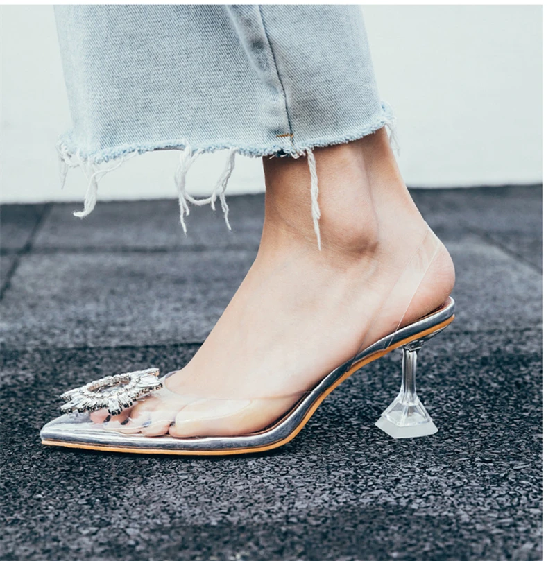 Women's high heel sandals 2019 summer new pointed low heel rhinestone decorative sandals 42 large size jelly shoes