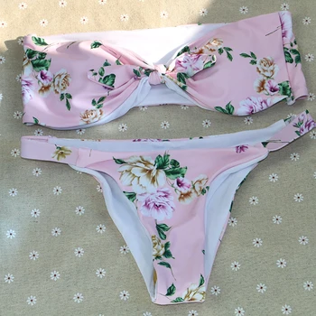 

sexy vintage brand on sale print floral pink hot thong off shoulder girl women hot bikini set wire free women swimwear swimsuit