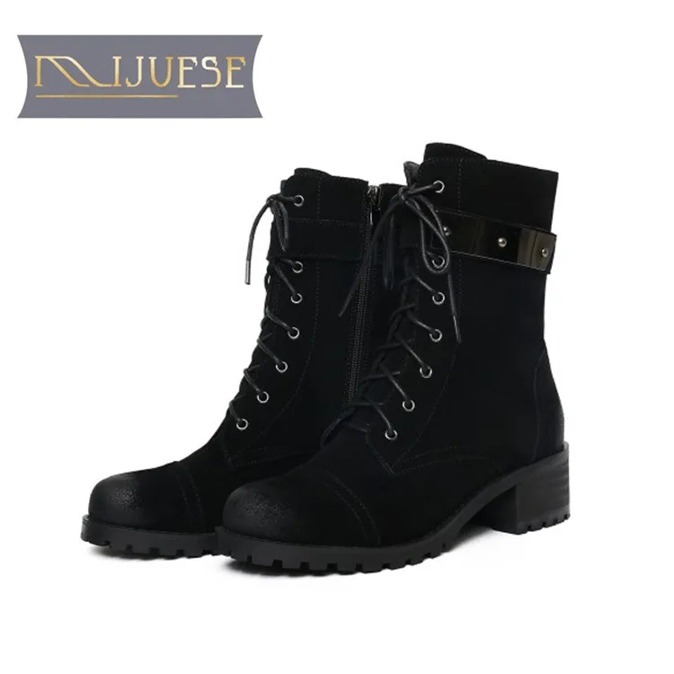 

MLJUESE 2019 women ankle boots cow leather lace up retro low heel boots winter short plush warm boots women boots