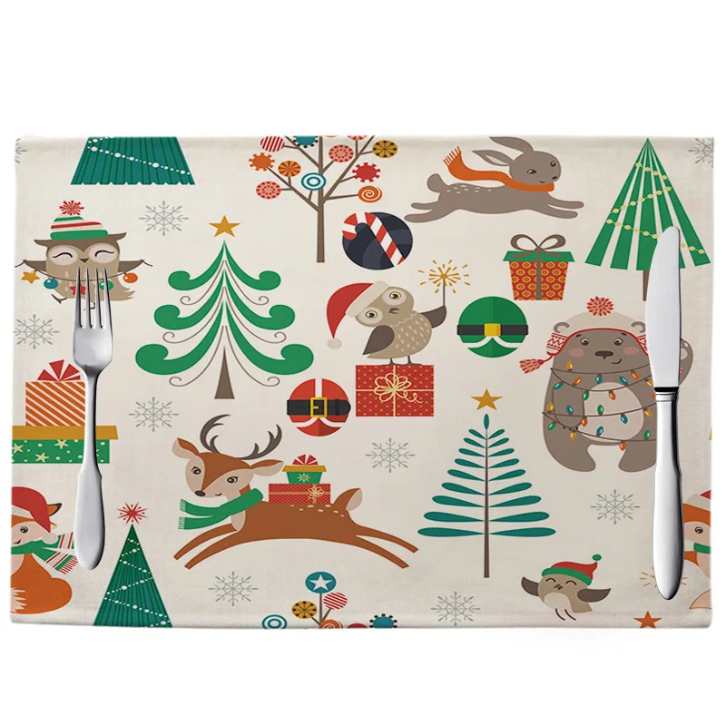

Cartoon Christmas Pattern Table Mat Rectangle Cotton and Linen Placemat for Dining Table Kitchen Decoration Nordic Accessories
