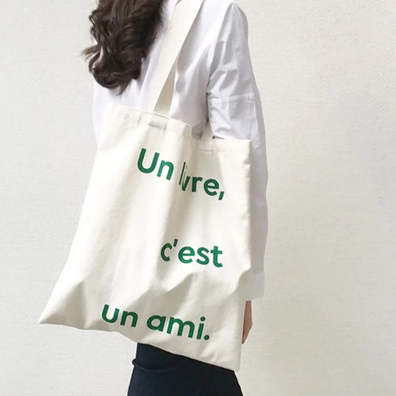 

Women Canvas Shoulder Bag Pure Cotton Cloth Handbag Foldable Shopping Tote Letter Print Students' Simple Eco Environmental Bags