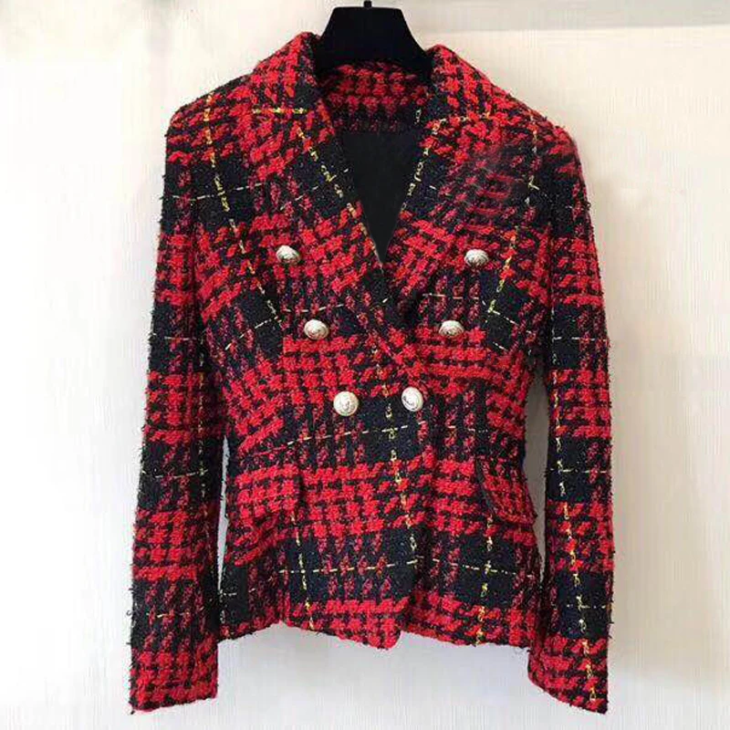 De Plaid Tweed Veste Mode Manches Automne À Longues Manteau 2018 Rouge En Femmes zOU4xawOq