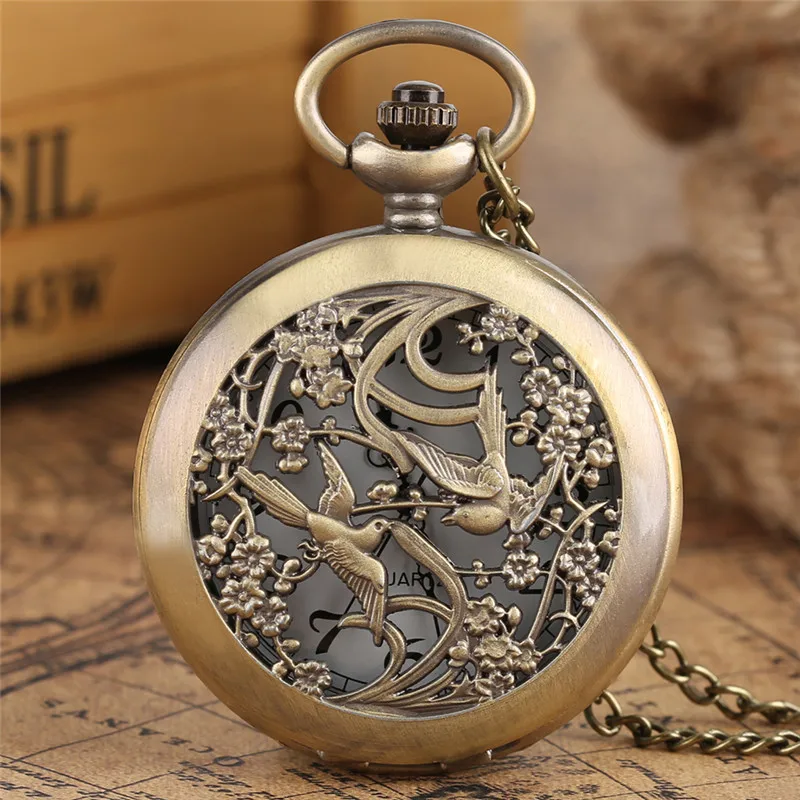 

Retro Chinese Pocket Watch Lively Hollow Floral Magpie Carving Pendant Chain Male Female Clock Good Luck Sign Best Friends Gifts