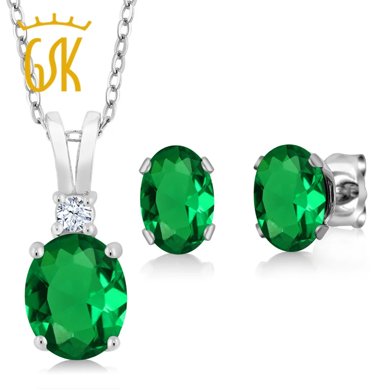 Amazing USA 2.40 Ct Oval Green Simulated Emerald 925 Sterling Silver Pendant Earrings Set Natural Sexy Women Fine Jewelry | Украшения и