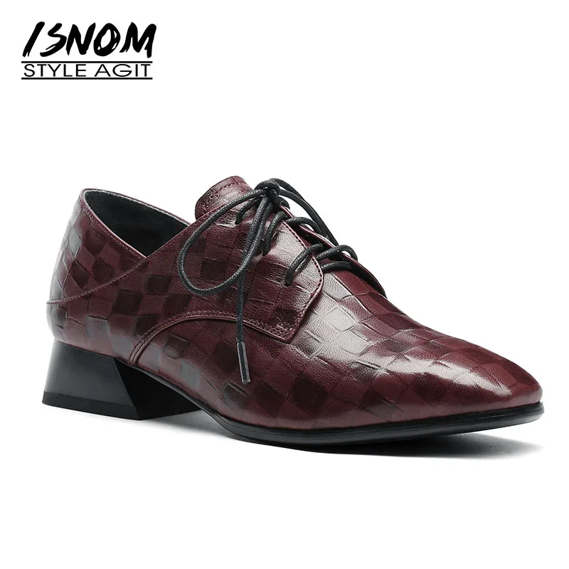 

ISNOM Genuine Leather Women Pumps Autumn Square Low Heels Shoes Print Adult Lace Up Footwear Fashion Casual Mules Lady Shoes