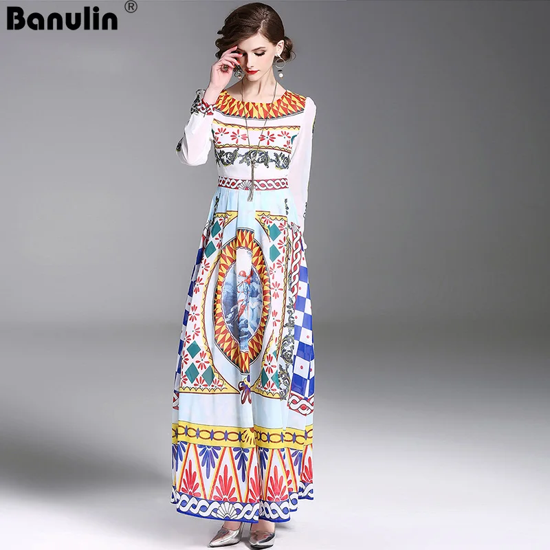 Banulin 2018 جديد الأزياء المدرج الخريف اللباس المرأة كم طويل الزهور طباعة خمر ماكسي حزب اللباس الأنيق vestidos