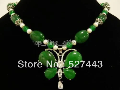 

Wholesale free shipping >>Green jade&White FW pearl Butterfly Pendant Necklace