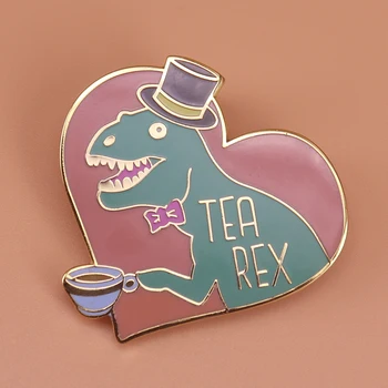 

Tea rex enamel pin gentleman dinosaur brooch creative bow top hat Tyrannosaurs pins cute art badge funny tea lover gift