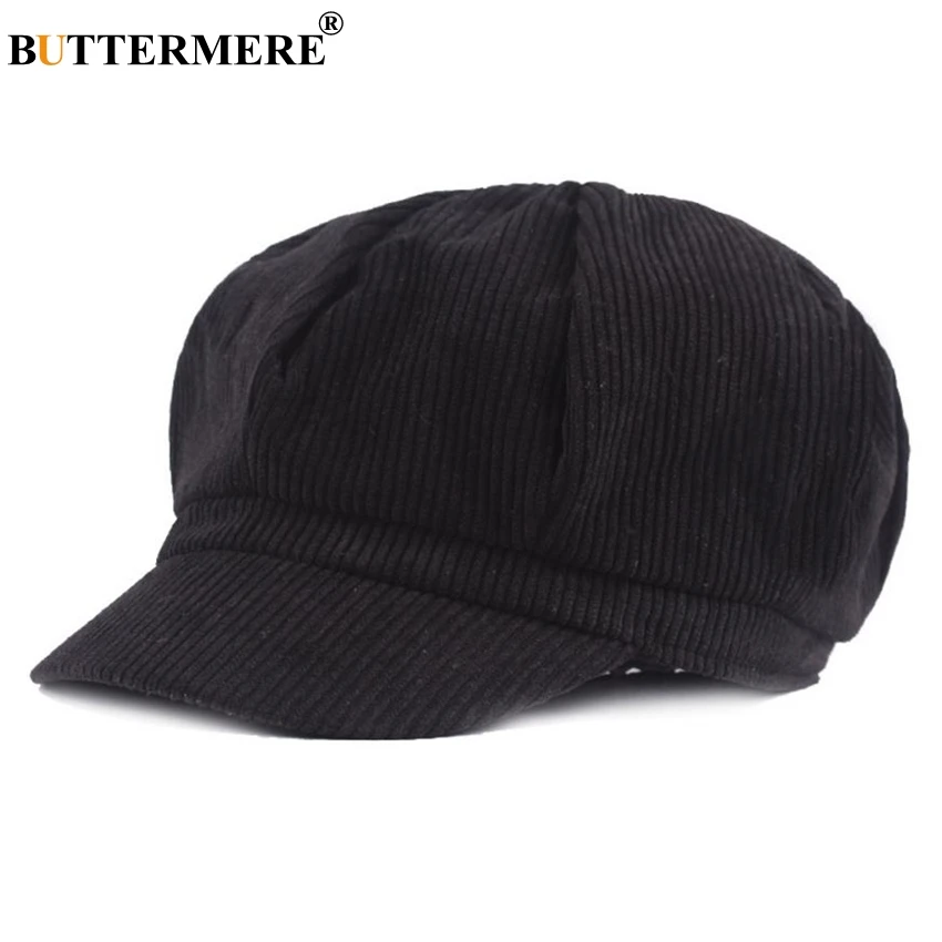 

BUTTERMERE Corduroy Cap Women Newsboy Cap Female Octagonal Cap Vintage British Spring Solid Black Painter Eight Panel Beret hat