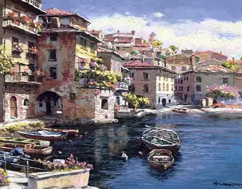 

free shipping mediterranean boat seascape impression flower house oil painting canvas printing on canvas wall decoration picture