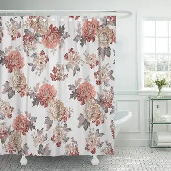

Shower Curtain Hooks Beige Floral Big Colored Flowers in Retro Style Gray Rose Abstract Anniversary Decorative Bathroom