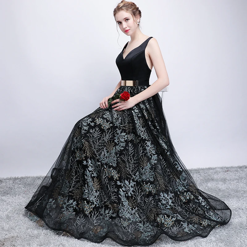 SSYFashion сексуальное черное платье для выпускного вечера невесты банкет открытая спина v-образный вырез кружева цветок длиной до пола для вечеринки без рукавов Формальное платье
