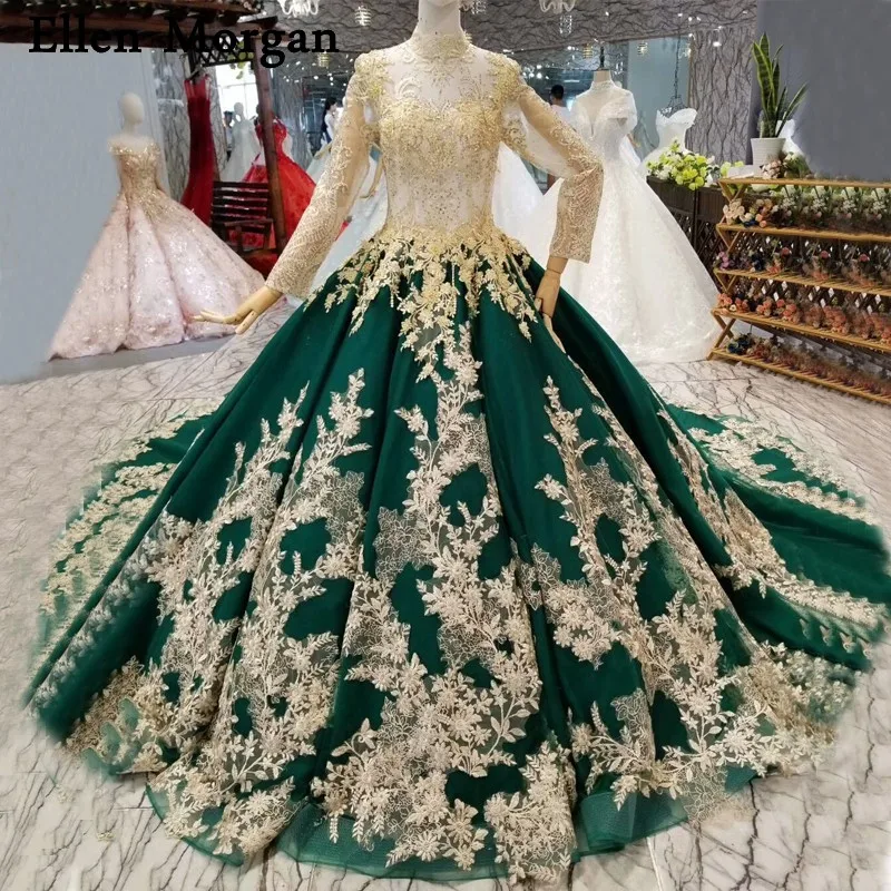 Dark Green Long Sleeves Lace Wedding Dresses with Beaded for African ...