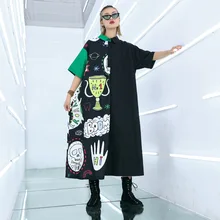 Новинка, женские летние платья-рубашки в стиле пэчворк с мультяшным принтом, с отложным воротником,, свободные женские платья