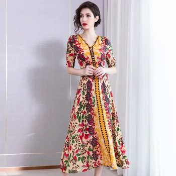 

Dress Summer 100% Silk Printed 2019 New Women's Fashion V-Neck Short Sleeves Slim A-Line Casual Elegant Dress Female S-XL