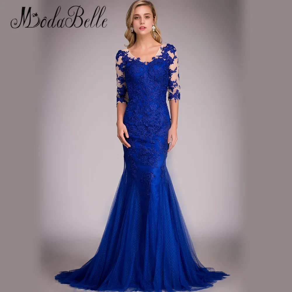 Royal Blue Lace Evening Dress Real Picture 2016 Mermaid Avondjurken