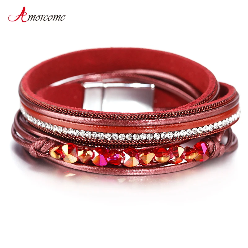 

Amorcome Multilayer Leather Bracelets For Women 2019 Fashion Bracelets & Bangles Elegant Ladies Crystal Wrap Bracelet Jewelry