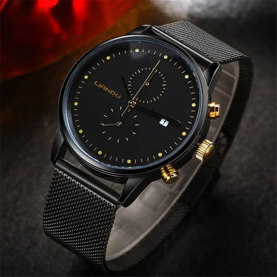 Модные новые простые Стильные часы LIANDU люксовый бренд мужские часы из нержавеющей стали с сетчатым ремешком кварцевые часы ультра тонкий циферблат часы мужские