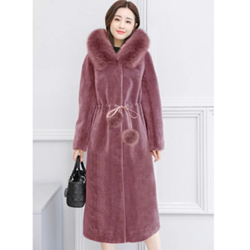 UHYTGF модная зимняя шуба с воротником из лисьего меха, женская тонкая Длинная ветрозащитная теплая верхняя одежда, стрижка овец, пальто с капюшоном, женские 1114 - Цвет: Bean paste