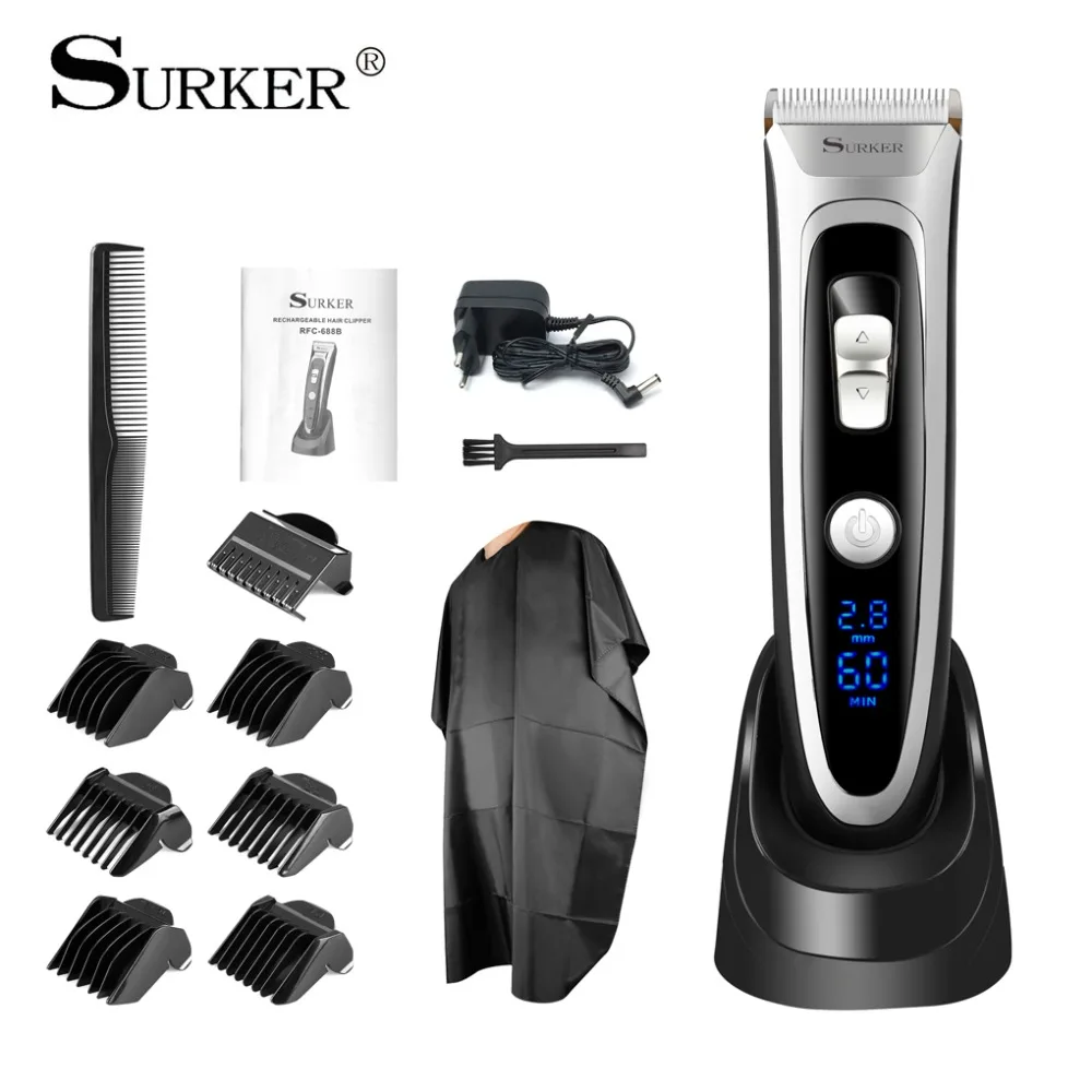 

SURKER RFC-688B Professional Rechargeable Hair Clipper Cordless Hair Trimmer With LED Display Haircut Kit Ceramic Blade Shaving