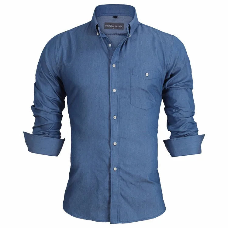 VISADA JAUNA, европейский размер, Мужская джинсовая рубашка, модная, Camisa Social Masculina, с карманами, облегающая, хлопковая, мужская, с длинным рукавом, рубашки, N1089