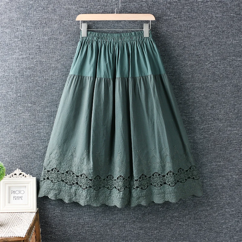 Винтажная хлопковая Однотонная юбка трапециевидной формы с вышивкой; Женская Осенняя юбка
