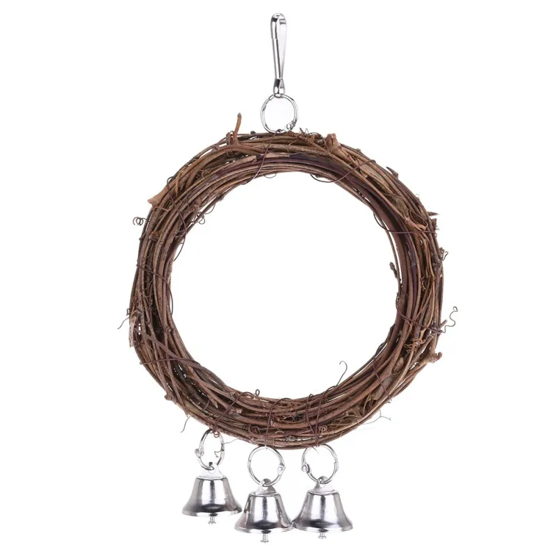 

1PC Parrot Station Pet Wooden Birds Parrots Toys Stand Holder Hanging Swing Rings Rattan Stands With 3 bells