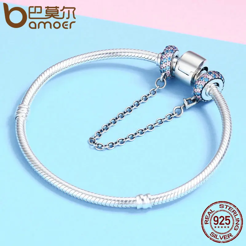 BAMOER Real 100% 925 Sterling Silver Pink and Blue CZ Round Safety Chain Charm Fit Charm Bracelet DIY Jewelry Making SCC379