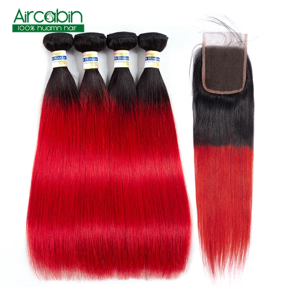 

T1B Red Brazilian Straight Hair Weave Bundles With Closure 100% Human Hair Extensions 3 or 4 Bundles With Lace Closure Non Remy