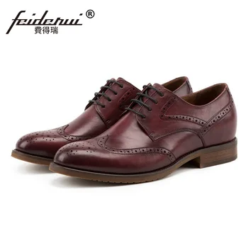 

Vintage Round Toe Man Genuine Leather Wingtip Brogue Footwear Height Increase 4cm Formal Dress Men's Handmade Party Shoes SS200